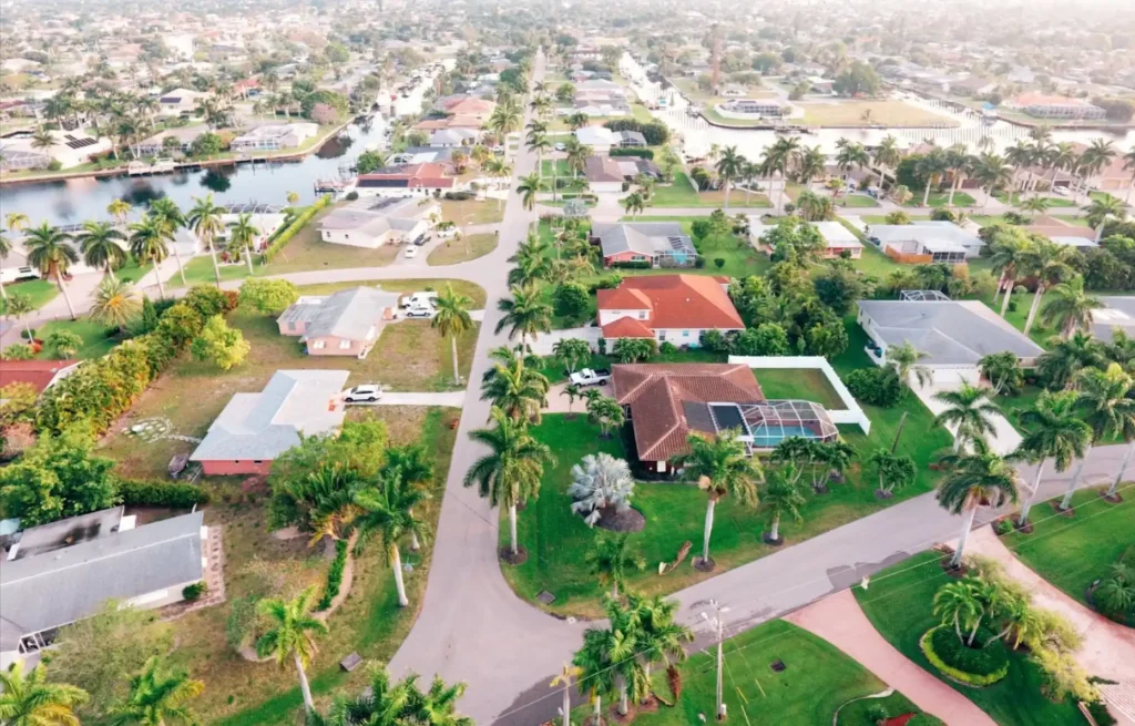 An aerial view of a Florida community of homes with palm trees.